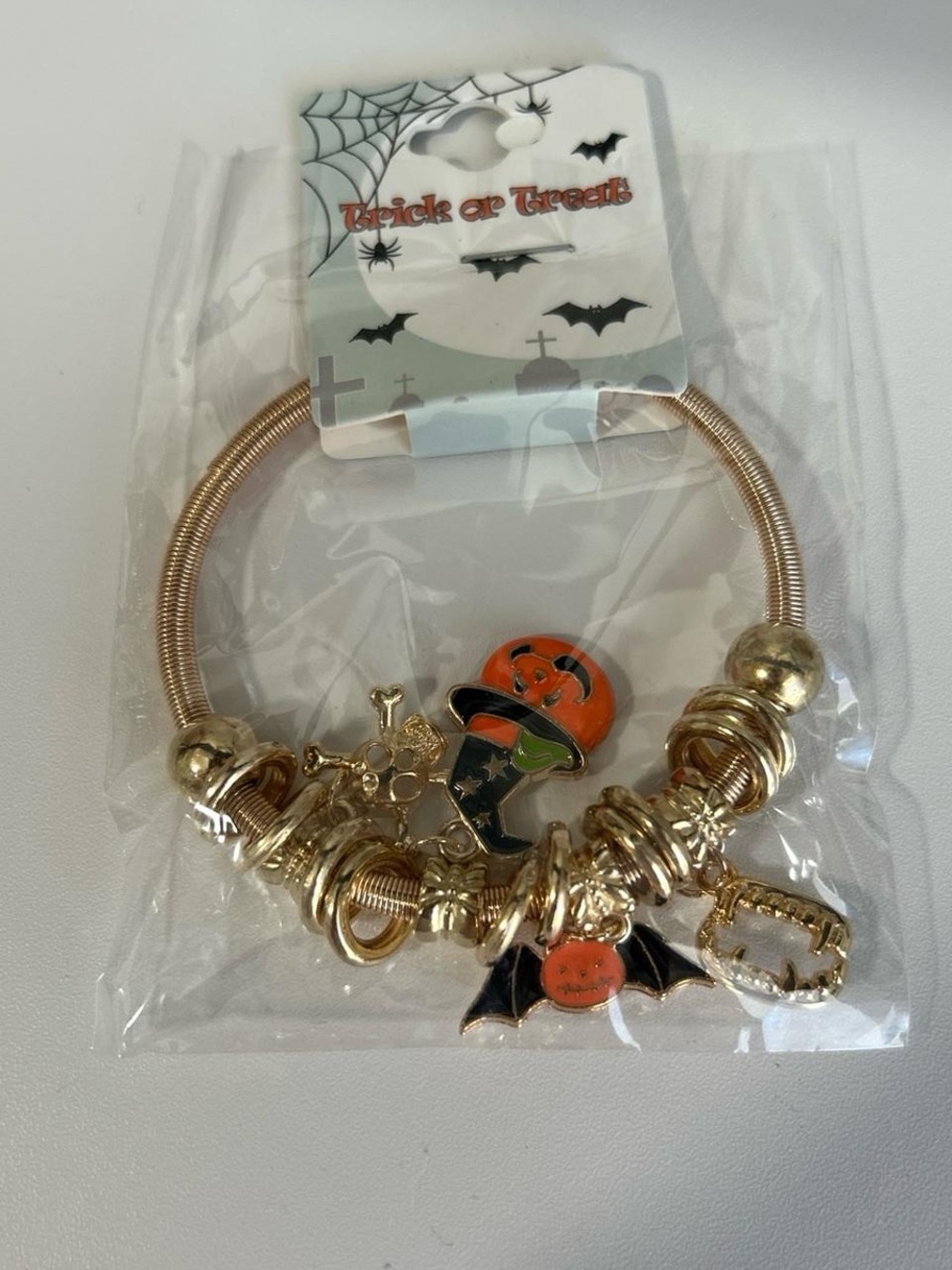 Kids Halloween Charm Bracelet - Gold Tone with Pumpkin and Bat Charms